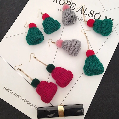 Christmas Hat Knitted Woolen Yarn Pompom Drop Dangle Earrings For Women Autumn Winter Wine Red Dark Green Festive Jewelry Gift