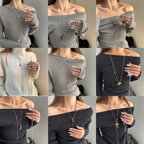 Collana Lunga con Pendente in Lega di Zinco alla Moda per Donna Elegante Vintage Cuore Cavallo Croce Pietra Gioielli a Catena
