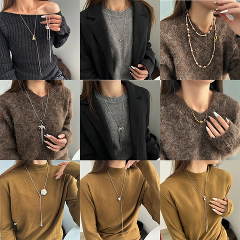 Collana Lunga con Pendente in Lega di Zinco alla Moda per Donna Elegante Vintage Cuore Cavallo Croce Pietra Gioielli a Catena