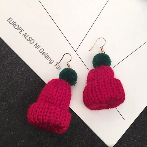Christmas Hat Knitted Woolen Yarn Pompom Drop Dangle Earrings For Women Autumn Winter Wine Red Dark Green Festive Jewelry Gift