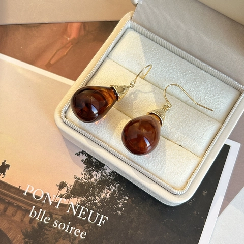 Pendientes de Gota de Resina de Ámbar Vintage Aleación Galvanizada Grabado de Letras Paris Joyería de Lujo para Mujer