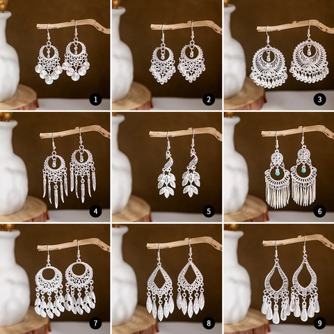 Bohemian Ethnic Σκουλαρίκια με Φούντα Παγώνι για Γυναίκες Vintage Διάτρητο Φύλλο Κράμα Κρεμαστά Σκουλαρίκια Δώρο Κοσμημάτων