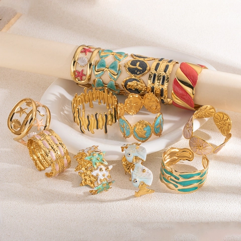 Bracciale Aperto in Acciaio Inossidabile Smaltato da Donna Placcato Oro Irregolare con Ciondoli Stella Marina e Conchiglia