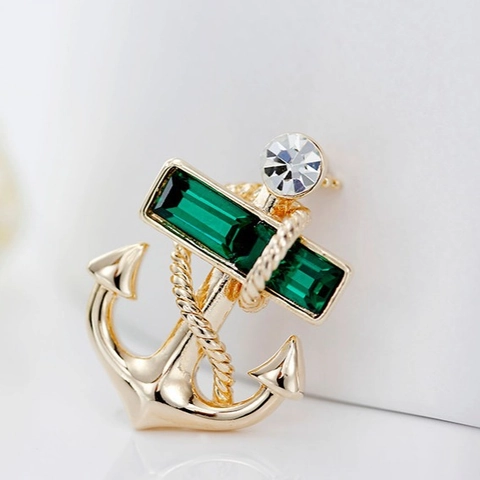 Nautische Legierung Anker Brosche Für Damen Herren Mode Gold Grün Strass Eingelegt Marine Stil Brustnadel Anzug Reversnadel Schmuck Geschenk