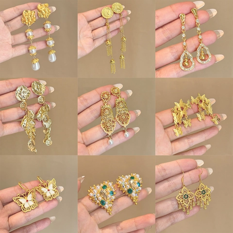 Orecchini Pendenti Oro Stile Cinese Vintage Per Donna Lega Perla Artificiale Strass Farfalla Nappina Fiore Cavo Bottone