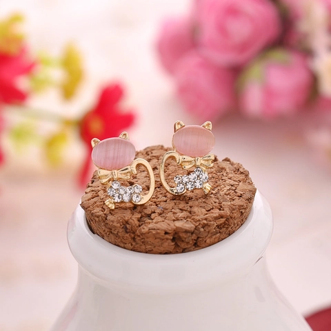 Cute Cat Stud Earrings Gold Plated Alloy With Pink Cat's Eye Stone Sparkling Rhinestone Animal Jewelry Gift For Women Girls