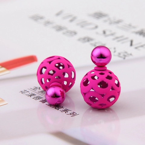 Women Double Sided Hollow Ball Stud Earrings Korean Style Simple Minimalist Geometric Alloy Round Ball Fashion Jewelry