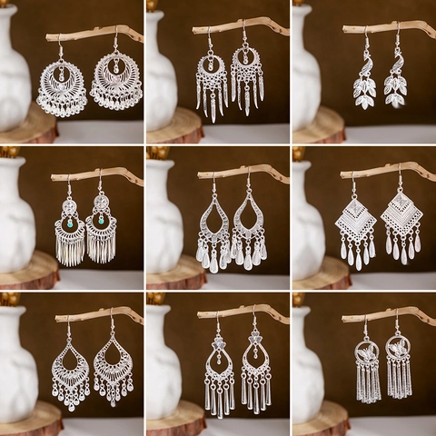 Bohemian Ethnic Σκουλαρίκια με Φούντα Παγώνι για Γυναίκες Vintage Διάτρητο Φύλλο Κράμα Κρεμαστά Σκουλαρίκια Δώρο Κοσμημάτων