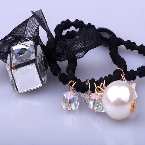 Coletero con Lazo Negro Estilo Coreano con Diamantes de Imitación Cuadrados y Perla Artificial Alta Elasticidad Accesorio Diario para Mujer