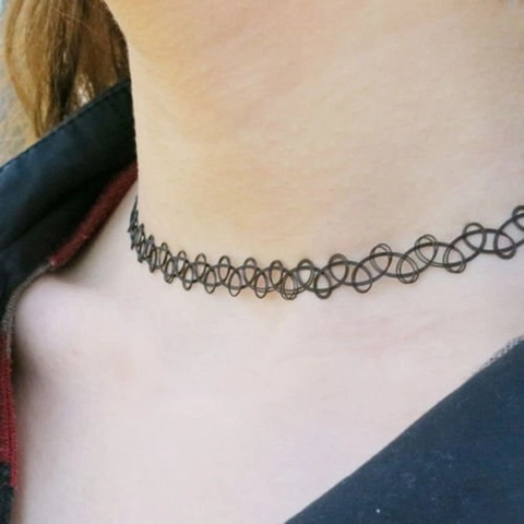 Vintage Gothic Schwarz Elastisch Tattoo Choker Halskette Armband Und Ring Schwarz Gewebt Geflochten Retro Schmuck Für Damen