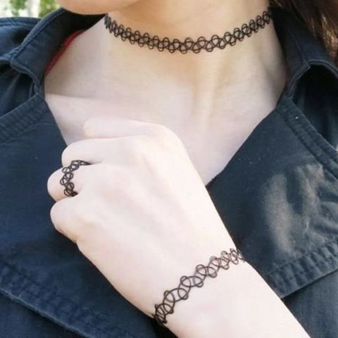 Vintage Gothic Schwarz Elastisch Tattoo Choker Halskette Armband Und Ring Schwarz Gewebt Geflochten Retro Schmuck Für Damen