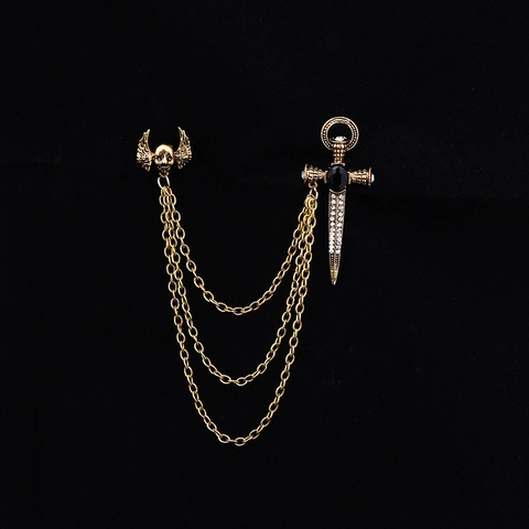 Gothic Punk Skeleton Wing And Sword Chain Brooch Halloween Men Women Alloy Rhinestone Lapel Pin Badge Vintage Jewelry Gift