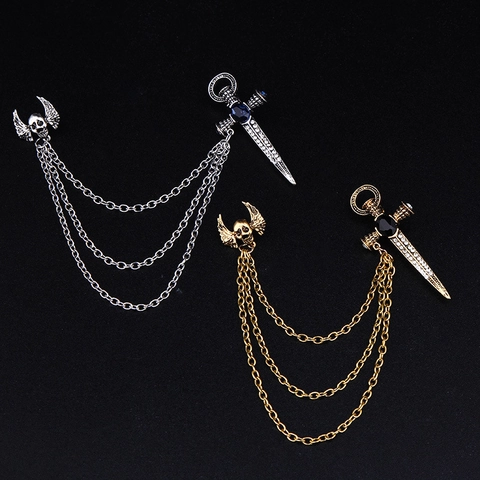 Gothic Punk Skeleton Wing And Sword Chain Brooch Halloween Men Women Alloy Rhinestone Lapel Pin Badge Vintage Jewelry Gift