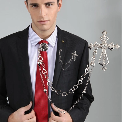 Broche de Cadena de Cruz Gótica para Hombres Mujeres Aleación Strass Cadena de Corazón de Doble Capa Broche para Traje Camisa Joyería Vintage
