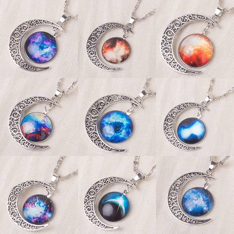 Vintage Mond Sternenhimmel Galaxie Anhänger Halskette Für Damen Retro Ausgehöhlt Sichelmond Glas Cabochon Kette Schmuck Geschenk