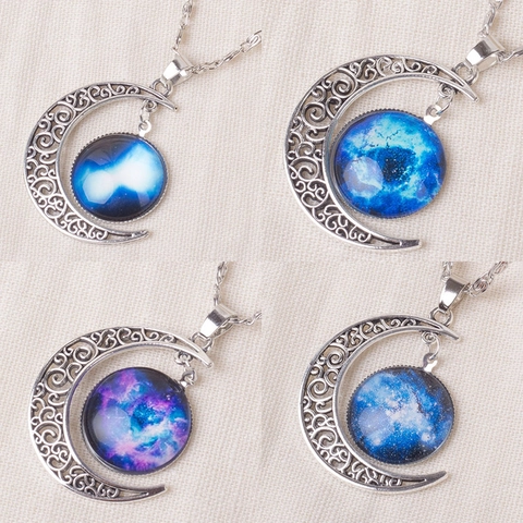 Vintage Mond Sternenhimmel Galaxie Anhänger Halskette Für Damen Retro Ausgehöhlt Sichelmond Glas Cabochon Kette Schmuck Geschenk