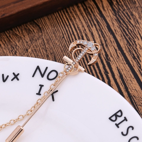 Vintage Legierung Strass Anker Brosche Mit Kette Lange Nadel Reversnadel Für Herren Anzug Hochzeit Nautischer Schmuck Gold