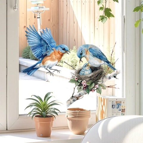 Aquarell Blaues Vogelnest Glas Fensteraufkleber Abnehmbar PVC Statisch Haftende Selbstklebende Wandtattoo Für Wohnzimmer Deko