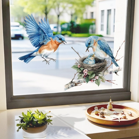 Aquarell Blaues Vogelnest Glas Fensteraufkleber Abnehmbar PVC Statisch Haftende Selbstklebende Wandtattoo Für Wohnzimmer Deko