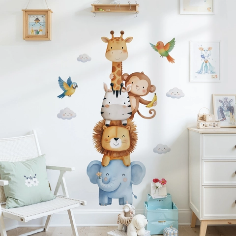 Cartoon Dieren Stapelende Muurstickers Aquarel Olifant Leeuw Zebra Giraf PVC Waterdicht Muurstickers Voor Kinderkamer