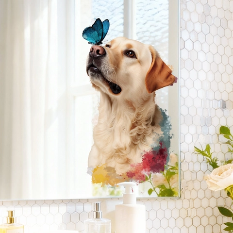 Pegatina de Pared Cabeza de Perro Dibujos Animados Mariposa Azul Acuarela PVC Impermeable para Espejo Baño Decoración