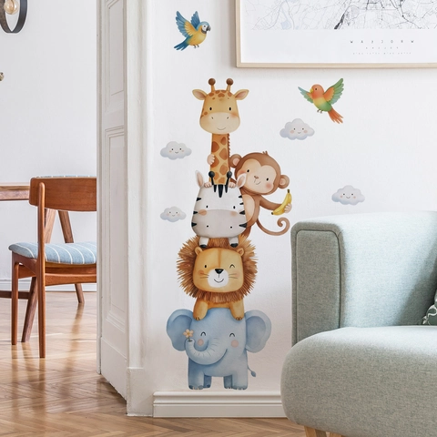 Cartoon Dieren Stapelende Muurstickers Aquarel Olifant Leeuw Zebra Giraf PVC Waterdicht Muurstickers Voor Kinderkamer