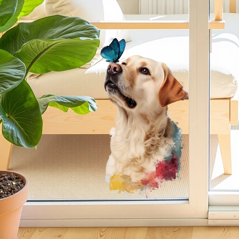 Pegatina de Pared Cabeza de Perro Dibujos Animados Mariposa Azul Acuarela PVC Impermeable para Espejo Baño Decoración