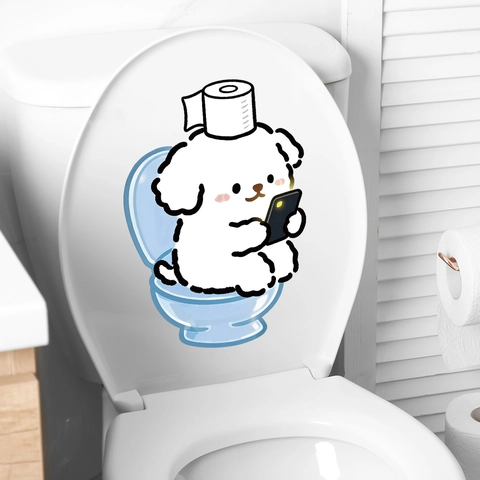 Süßer Cartoon Hund Badezimmer Toilettendeckel Aufkleber Wasserdicht PVC Wandtattoo Für Glas Spiegel Wanddeko Abnehmbar Badezimmer Ornament
