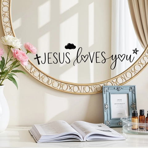 Jesus Loves You Wall Sticker Mirror Decal With Cross Heart Cloud Star Pattern For Bathroom Glass Window Home Decor