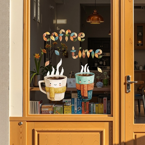 Autumn Coffee Time Cartoon Window Sticker PVC Removable Decal For Coffee Shop Home Kitchen Glass Door Wall Decoration