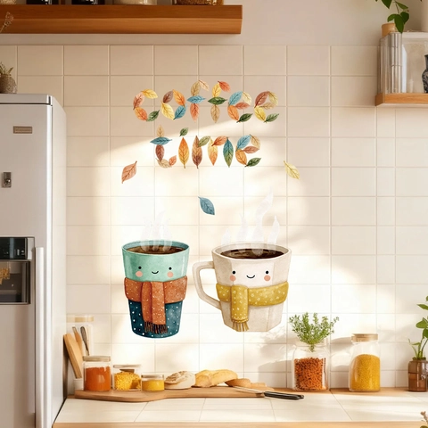 Autumn Coffee Time Cartoon Window Sticker PVC Removable Decal For Coffee Shop Home Kitchen Glass Door Wall Decoration