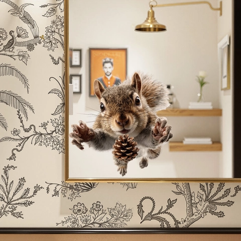 3D Realistisch Eichhörnchen Tannenzapfen Fensteraufkleber Abnehmbare PVC Wandtattoo Für Badezimmer Glas Spiegel Deko