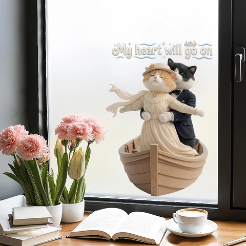 Valentine's Day Cartoon Cat Window Sticker Titanic Scene 3D Waterproof PVC Wall Decal For Bathroom Living Room Glass Mirror Decor