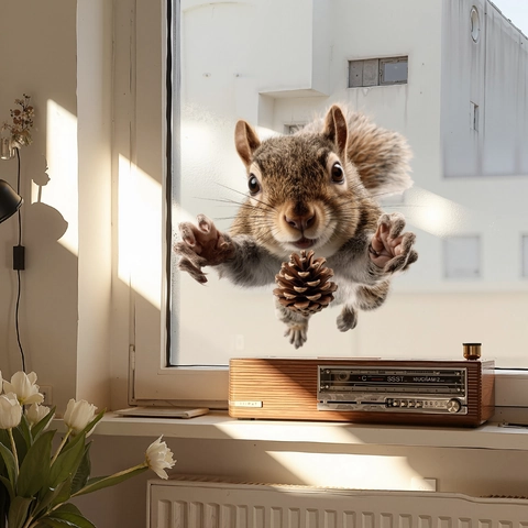 3D Realistisch Eichhörnchen Tannenzapfen Fensteraufkleber Abnehmbare PVC Wandtattoo Für Badezimmer Glas Spiegel Deko