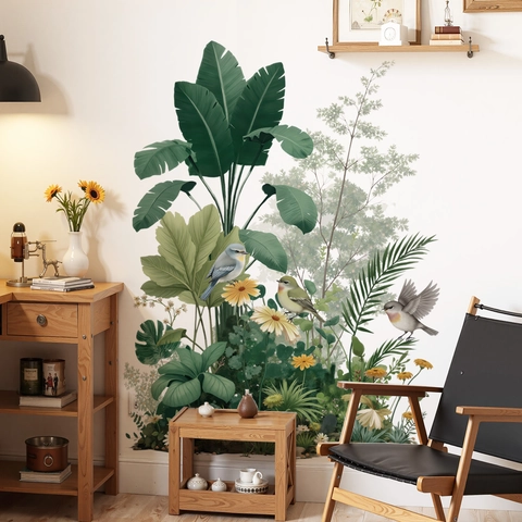 Sticker Mural Palmier Tropical Oiseaux PVC Imperméable Amovible Décalcomanies Murales Botaniques Pour Salon Chambre Décoration