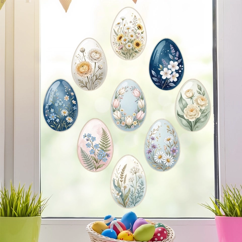Pegatinas de Ventana de Huevos de Pascua Patrón Floral Colorido Adherencia Estática Adhesivas de PVC Para Decoración de Vidrio de Hogar Fiesta de Primavera