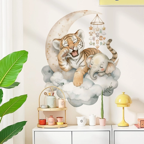 Simpatico Adesivo da Parete a Forma di Tigre Elefante Luna Nuvola Impermeabile in PVC per la Camera dei Bambini