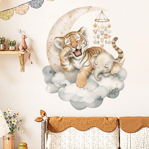 Simpatico Adesivo da Parete a Forma di Tigre Elefante Luna Nuvola Impermeabile in PVC per la Camera dei Bambini