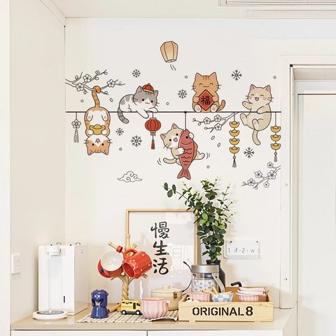 Adhesivos de Pared de Gatos Lindos Impermeables PVC Calcomanías Decorativas Con Linterna Y Pez Koi Para Sala Dormitorio