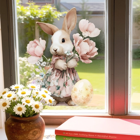 Pegatina para Ventana Conejo de Pascua Flor Removible PVC Adherencia Estática Calcomanía Pared Conejo Dibujos Animados Huevo Decoración