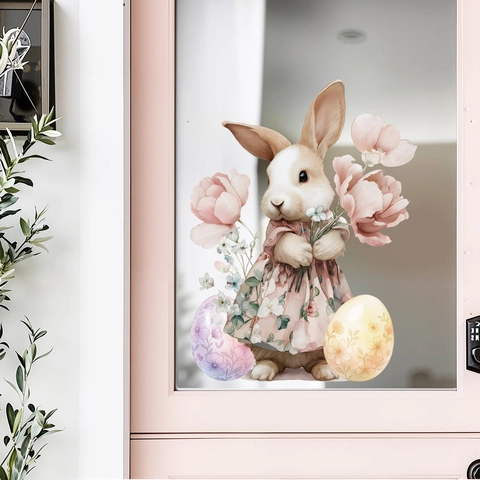 Pegatina para Ventana Conejo de Pascua Flor Removible PVC Adherencia Estática Calcomanía Pared Conejo Dibujos Animados Huevo Decoración