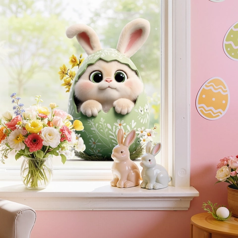 Easter Bunny Egg Window Sticker Removable PVC Cartoon Rabbit In Shell Decal For Spring Holiday Home Glass Decoration