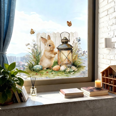 Easter Bunny Window Stickers Watercolor Rabbit Lantern Eggs Floral Removable PVC Static Cling Decals For Holiday Home Decor
