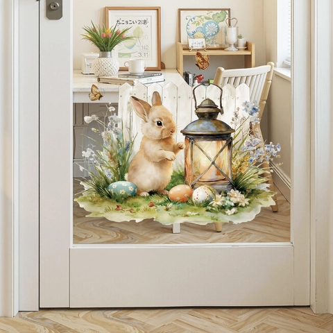 Easter Bunny Window Stickers Watercolor Rabbit Lantern Eggs Floral Removable PVC Static Cling Decals For Holiday Home Decor