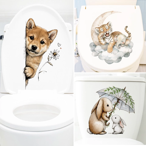 Pegatina de Tapa de Inodoro de Animales de Dibujos Animados Linda Impermeable Removible de PVC para Baño Perro Shiba Inu Conejo Tigre