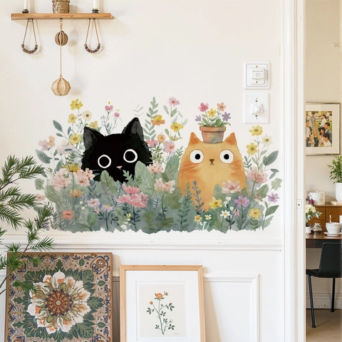 Aquarel Katten Bloemen Muursticker Verwijderbaar Waterdicht PVC Muursticker Voor Kinderkamer Woonkamer Slaapkamer Decoratie