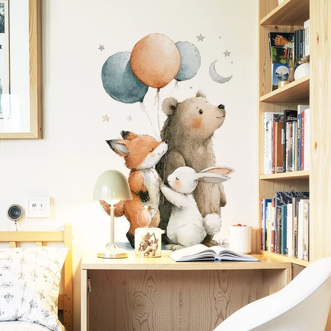 Adesivi Murali Cartone Animato Orso Volpe Coniglio Acquerello Animale Palloncini Stelle Luna PVC Rimovibile Murale Decorativo Per Bambini