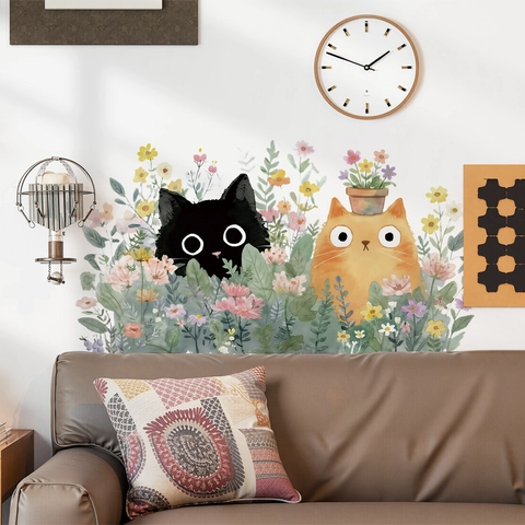 Aquarel Katten Bloemen Muursticker Verwijderbaar Waterdicht PVC Muursticker Voor Kinderkamer Woonkamer Slaapkamer Decoratie