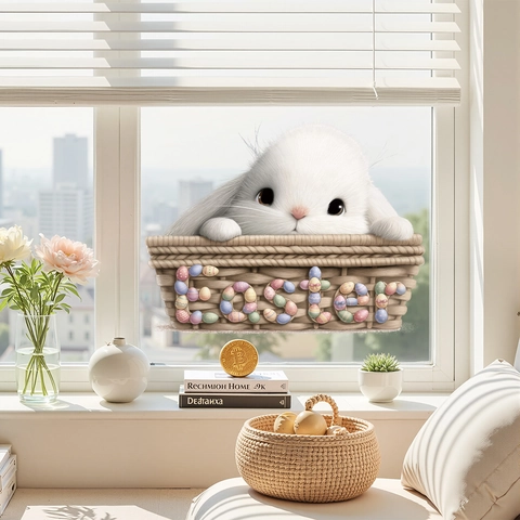 Adhesivos para Ventanas de Conejo de Pascua Dibujos Animados Vinilo de Pared Impermeable PVC Decoración Festiva del Hogar