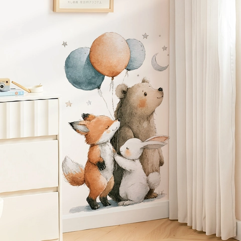 Adesivi Murali Cartone Animato Orso Volpe Coniglio Acquerello Animale Palloncini Stelle Luna PVC Rimovibile Murale Decorativo Per Bambini